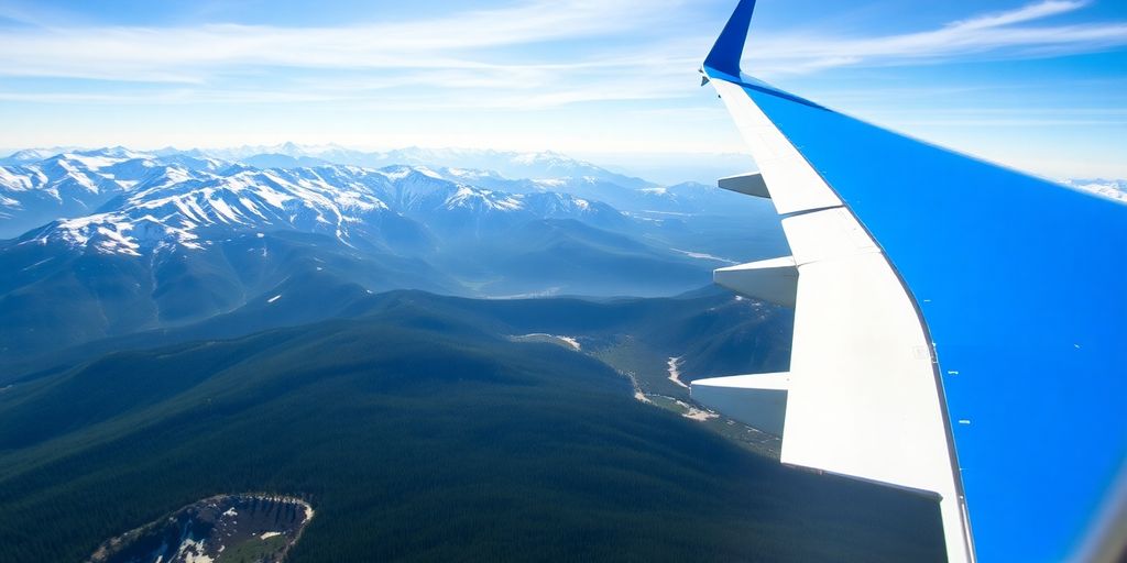 Snowy mountains, evergreen trees, an Alaska Airlines plane.