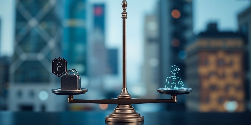 A scale balancing privacy and innovation symbols.