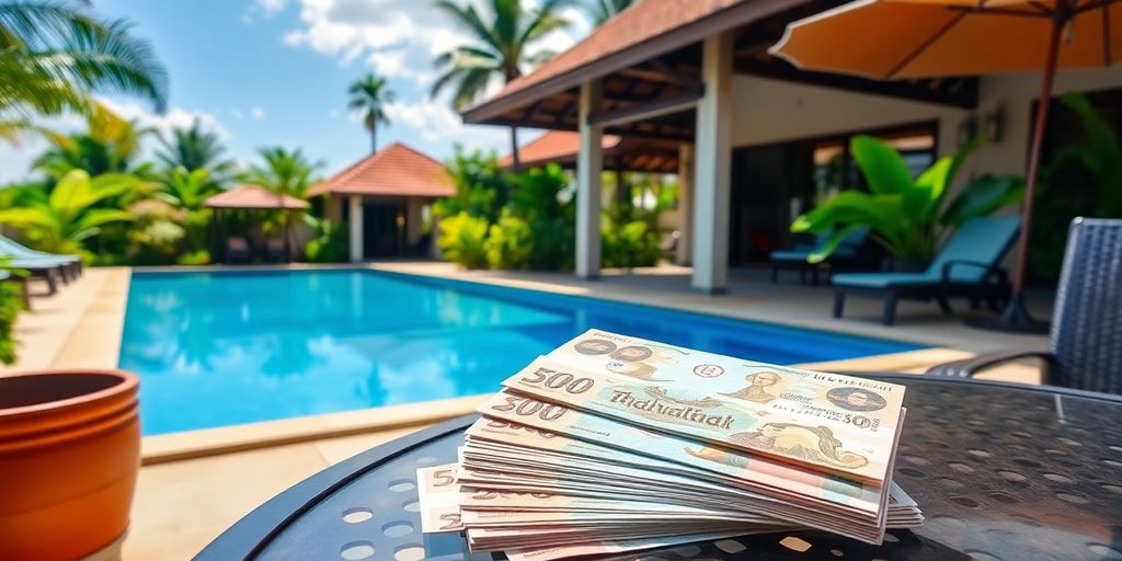 Thai property with stacked Thai Baht banknotes.