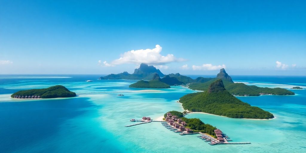 Luftaufnahme der atemberaubenden türkisfarbenen Gewässer von Bora Bora.