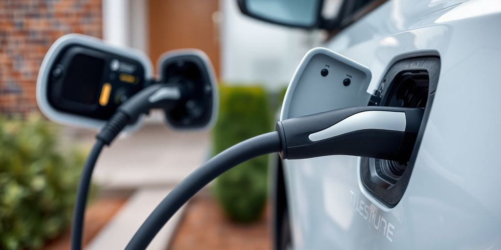 Electric vehicle charging at home with a power cable.