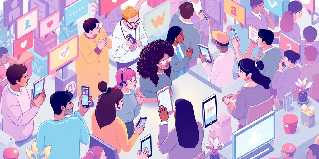 Isometric illustration of influencers engaging with audiences.