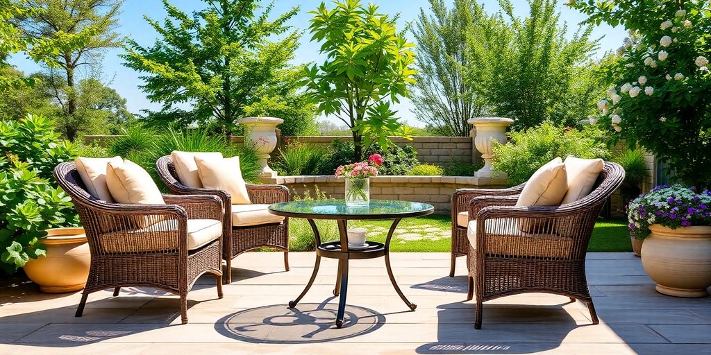 Brown wicker patio set with ivory cushions on stone terrace