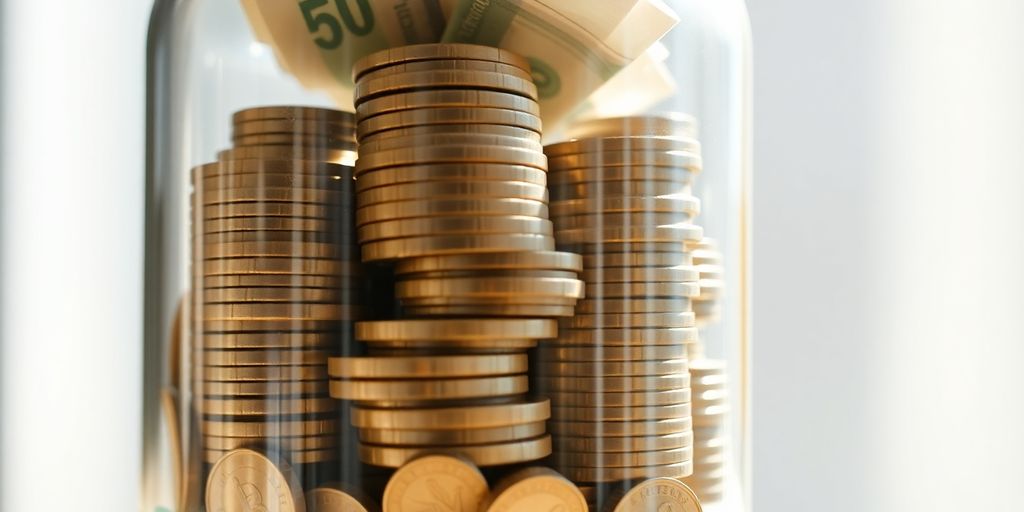 Pile de pièces et billets de banque dans un pot en verre.