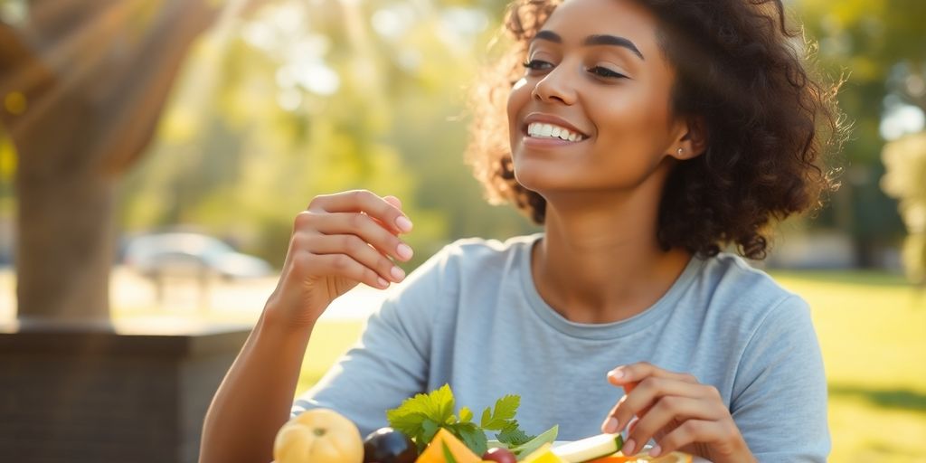 Person relaxing with a healthy meal.