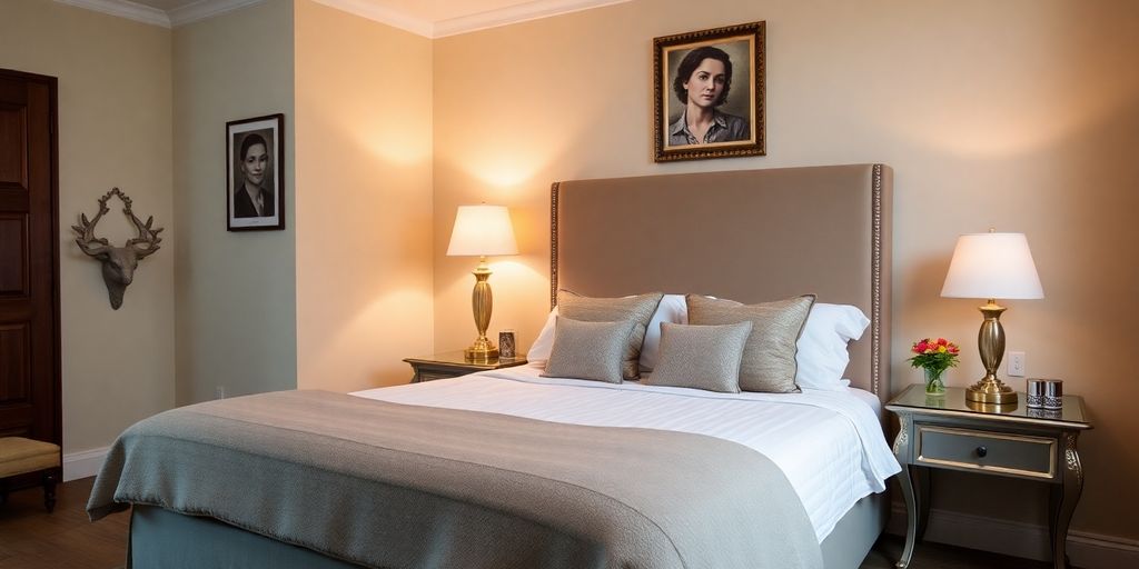 Cozy bedroom interior with stylish furniture and decor.