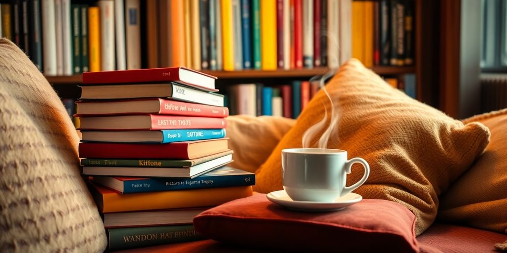 Cozy reading nook with books and a cup of tea.