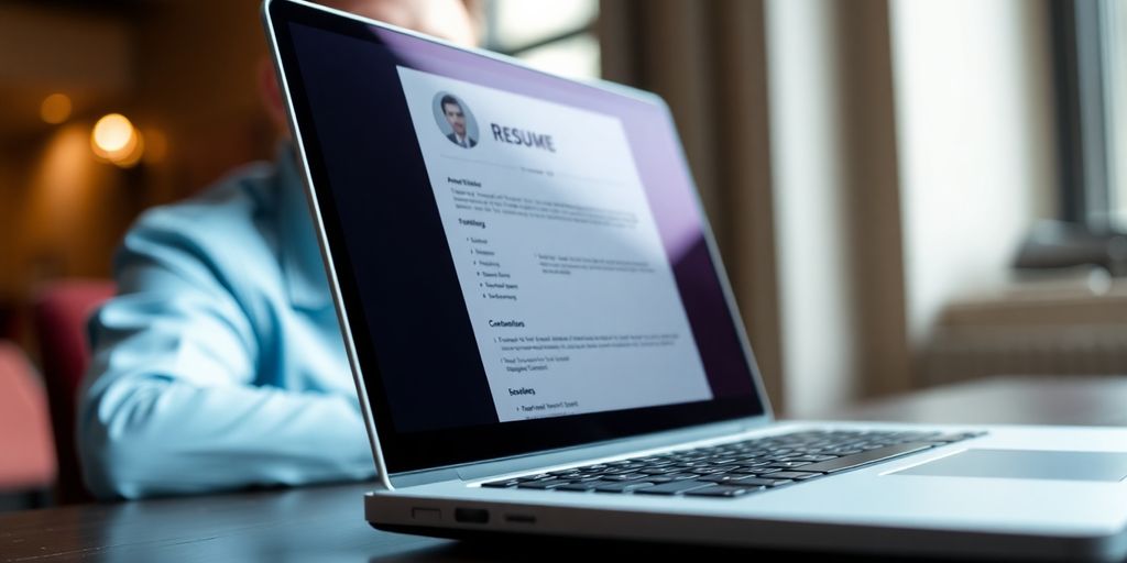 Laptop displaying resume, person smiling