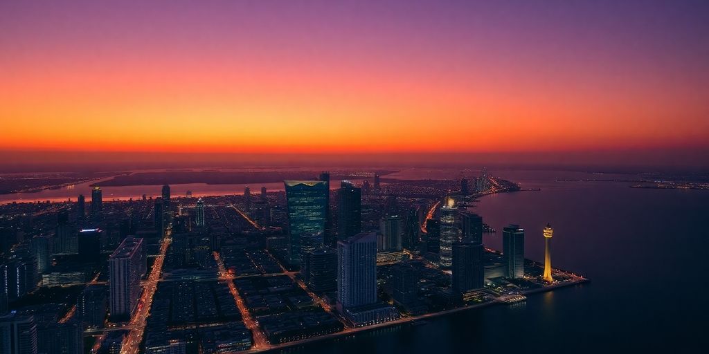 Aerial view of Miami's glowing skyline during a sunset helicopter tour.