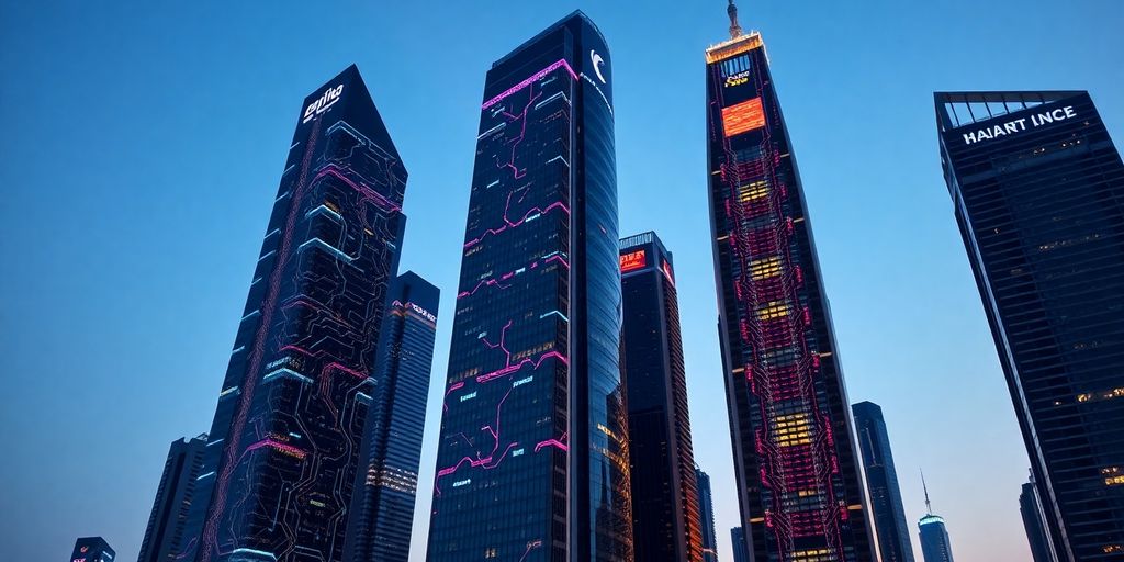 Gulf skyscrapers reflecting glowing circuits.