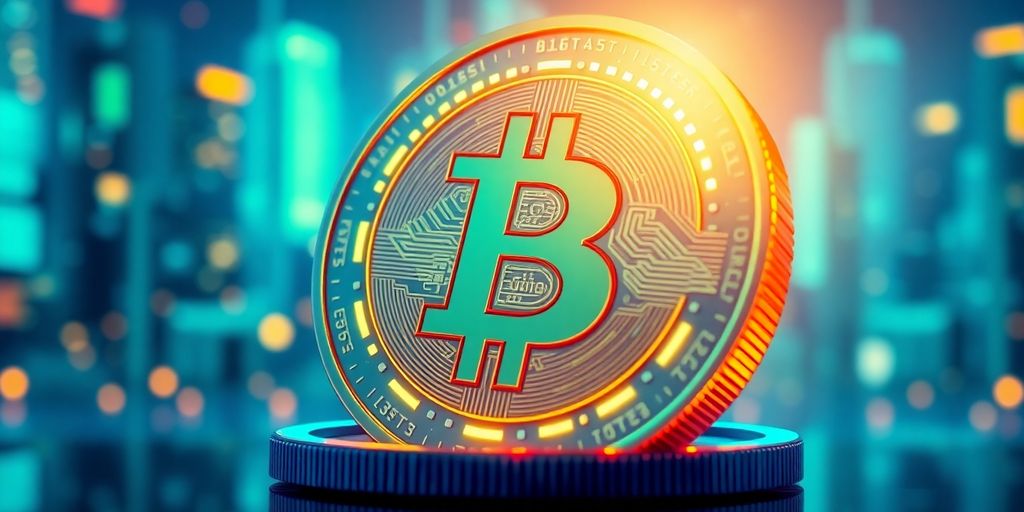 Close-up of a digital coin with neon lights.