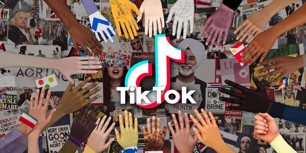 Diverse hands holding flags around TikTok logo.