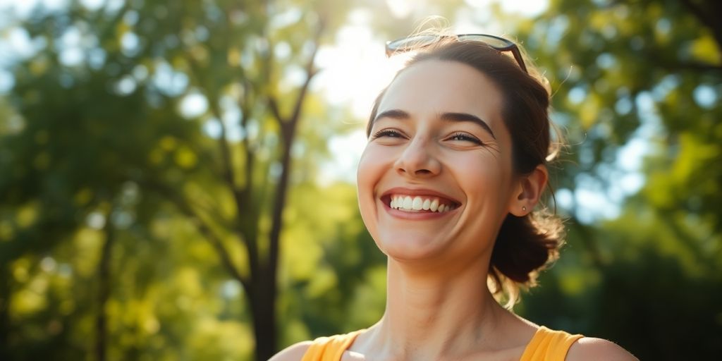Person smiling in a serene outdoor setting with nature.