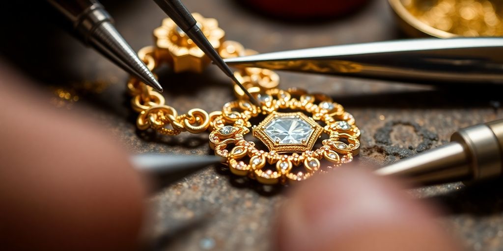 Bijoux en or brillants dans un atelier