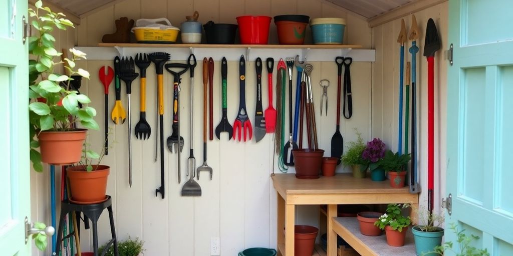 Neatly organized garden tools in a bright shed.