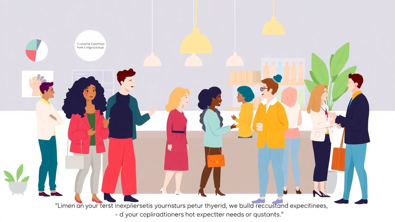 Kunder som interagerer med en bedrift i illustrasjon.