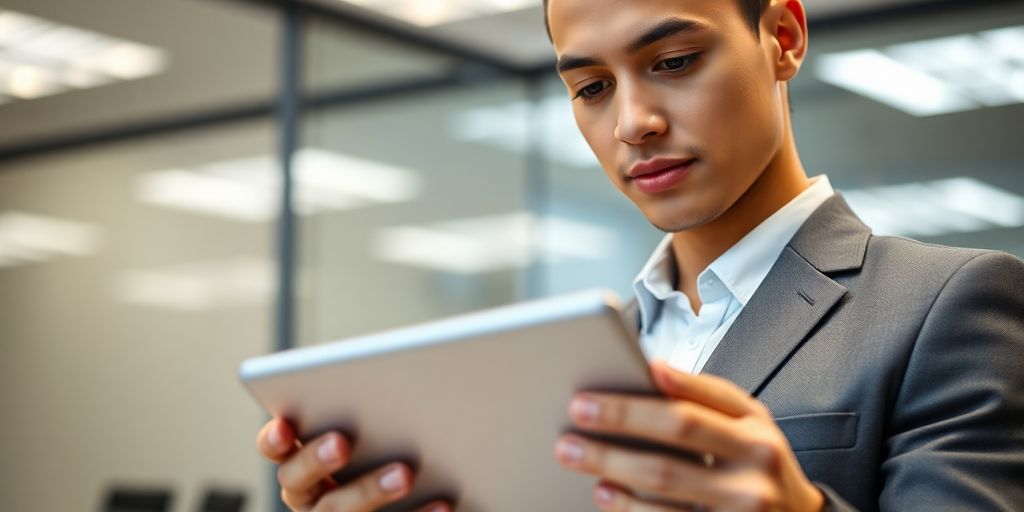 Professional navigating finance industry with a tablet.