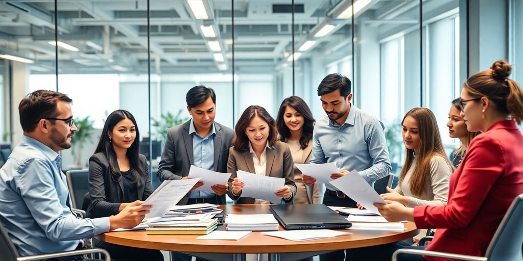 Diverse professionals collaborating in a modern office setting.