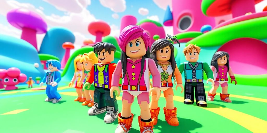 Colorful avatars in a whimsical Roblox landscape.