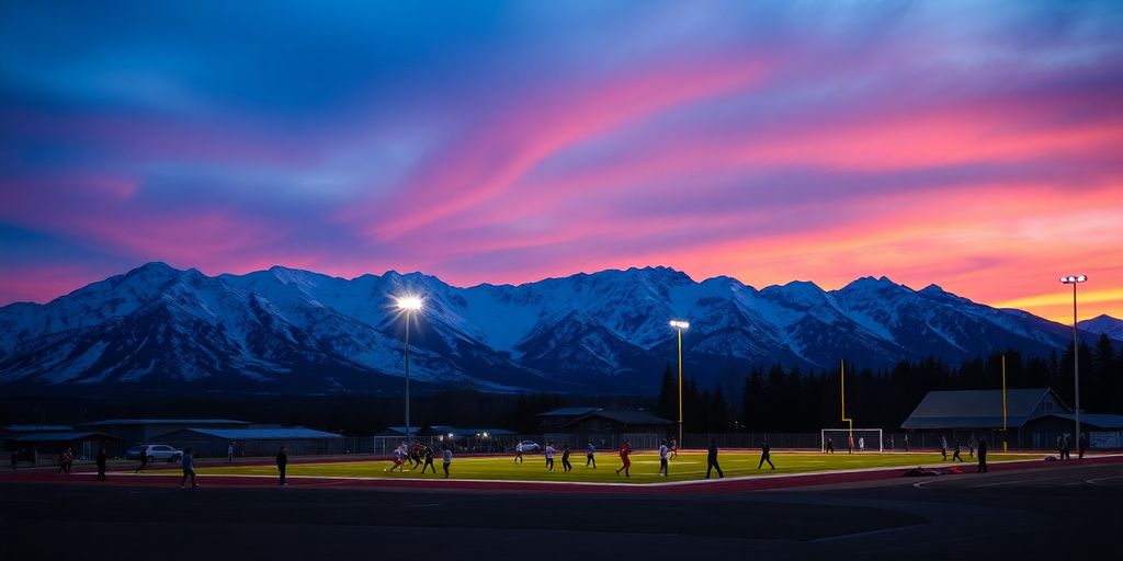 Alaskan sports game at dusk with mountains in the background.