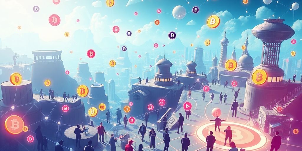 Colorful social tokens in a digital landscape.