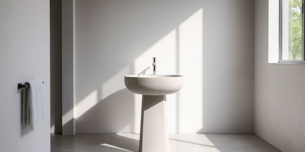 Stone pedestal washbasin in a modern, minimalist bathroom.