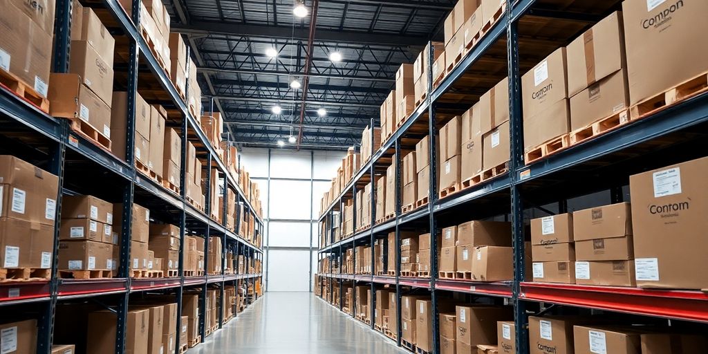 A modern warehouse with organized shelves and inventory.