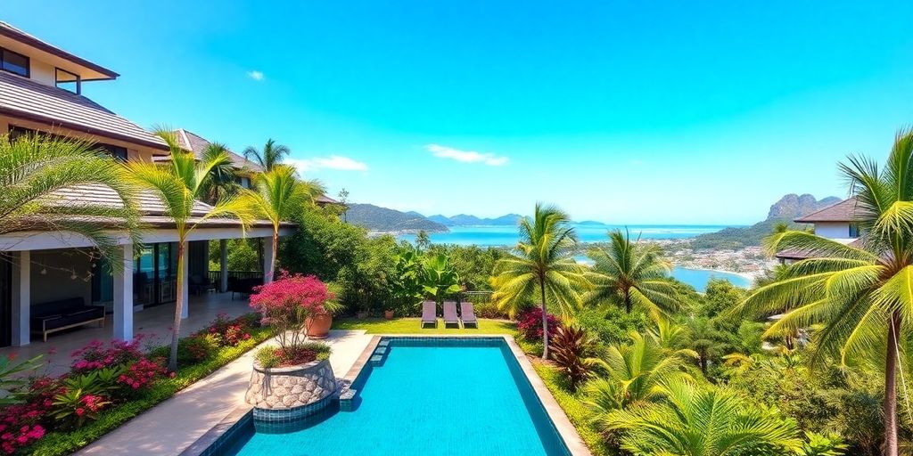 Luxury Phuket property with lush gardens and swimming pool.