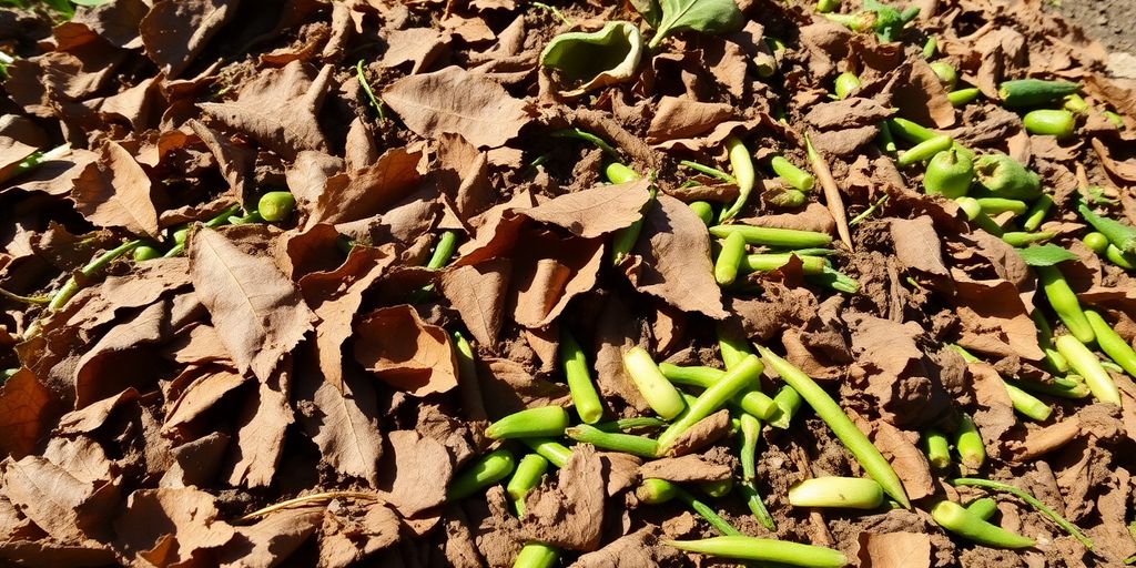 Layered compost pile with green scraps and brown leaves.