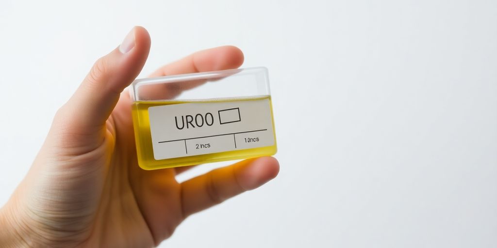 Close-up of a urine sample container.