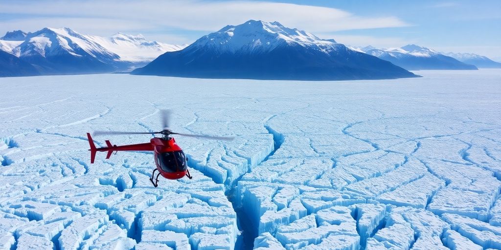 A red helicopter flying over a vast Alaskan ice glacier.