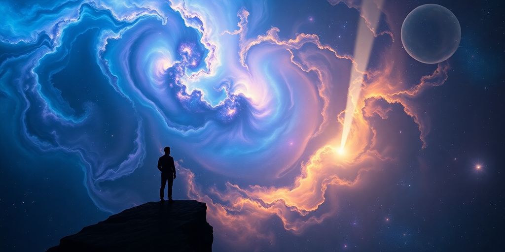 Person silhouetted against a vibrant, swirling galaxy.