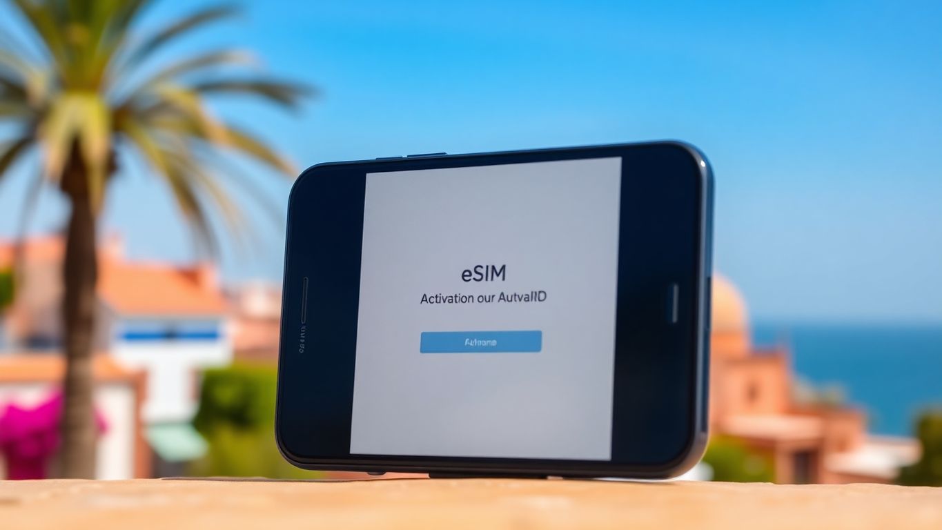 Téléphone avec écran eSIM en arrière-plan marocain.