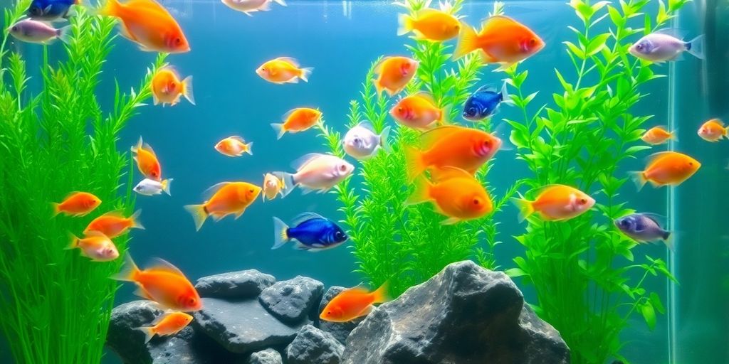 色彩斑斓的淡水鱼在郁郁葱葱的水族箱中。