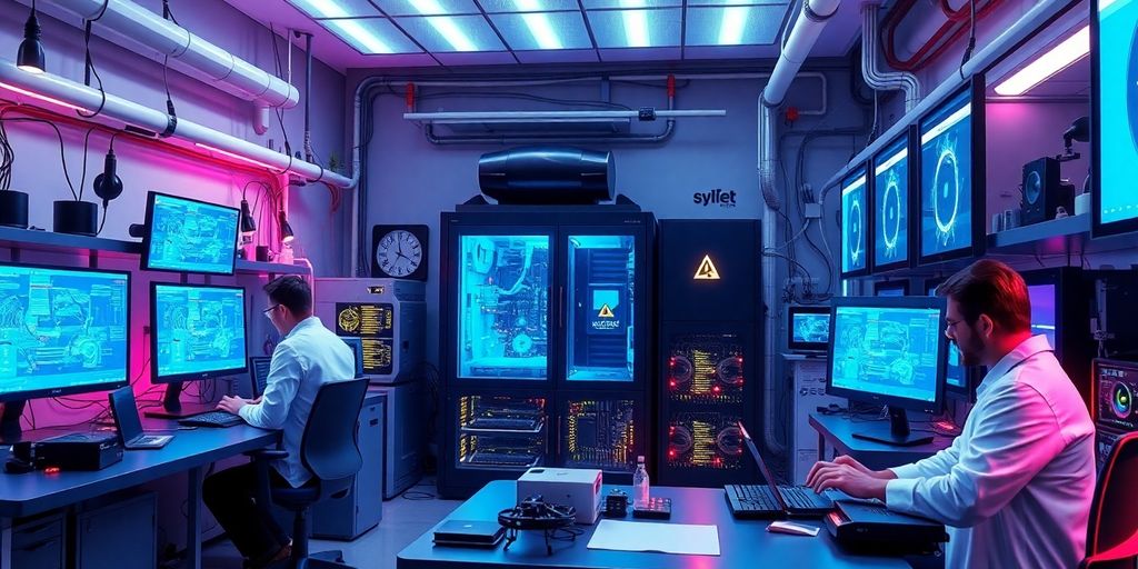 Scientists collaborating on advanced quantum computing technology in a lab.