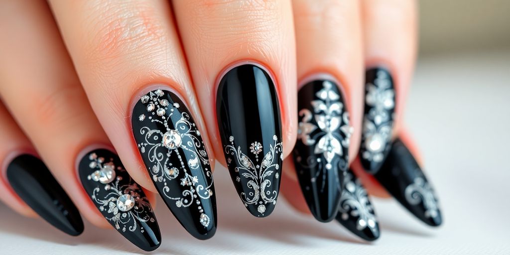 Black decorated nails with glitter and stylish designs.