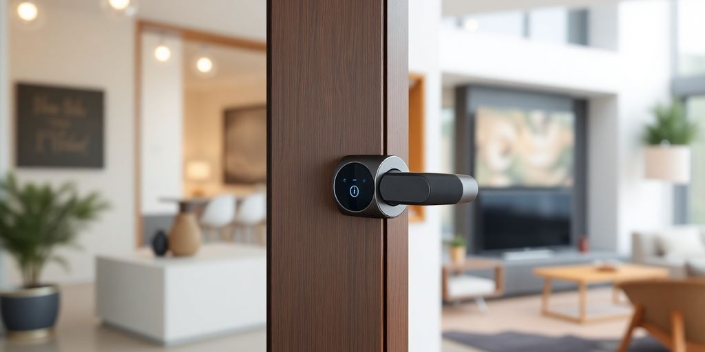 قفل هوشمند روی درب مدرن در فضای داخلی خانه