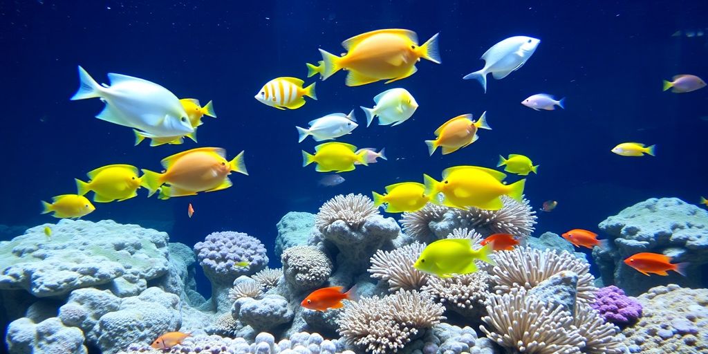 Colorful saltwater fish in a coral reef aquarium.