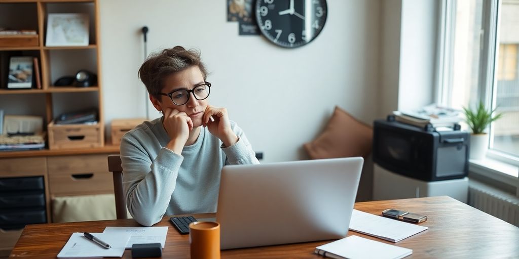 Personne pensive avec ordinateur après fermeture d'entreprise.