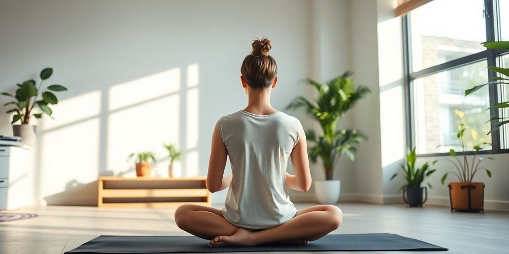 Person meditating in a bright, peaceful office space.