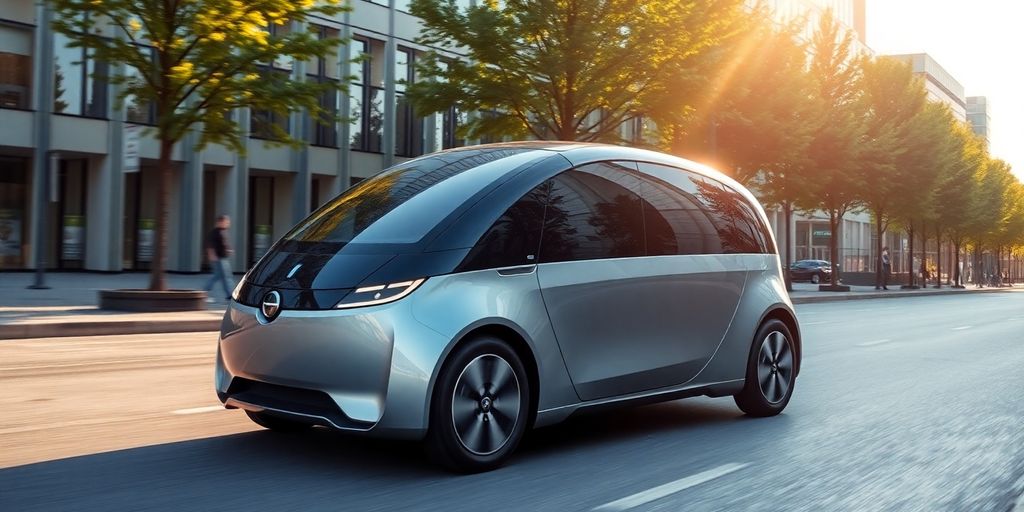 Sleek, futuristic pod car on urban street.