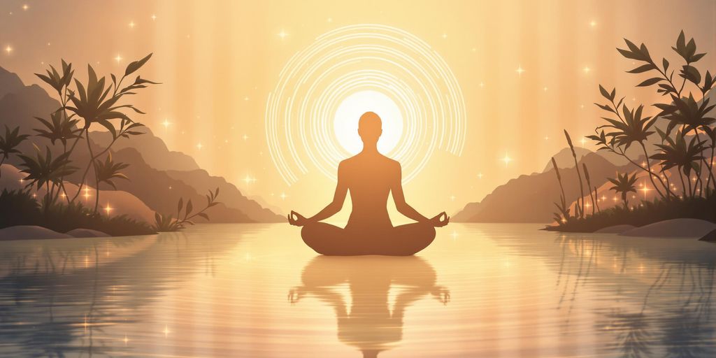 Person meditating with energy waves in a tranquil setting.