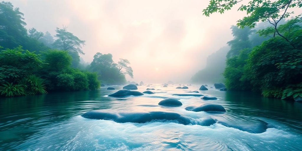 Peaceful landscape with flowing water and lush greenery.