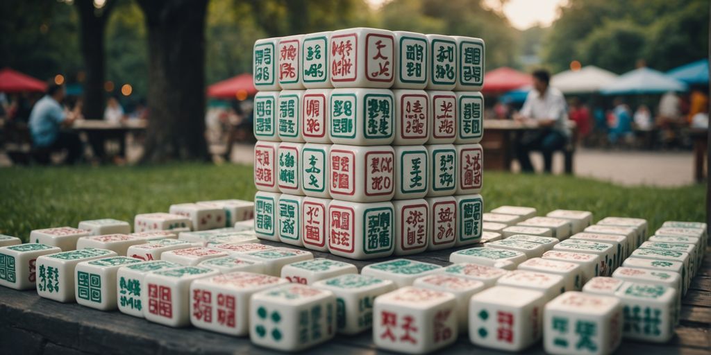 People playing with oversized Mahjong tiles in a park.