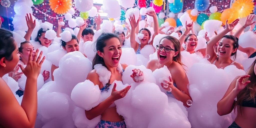 People dancing in foam at a lively party.