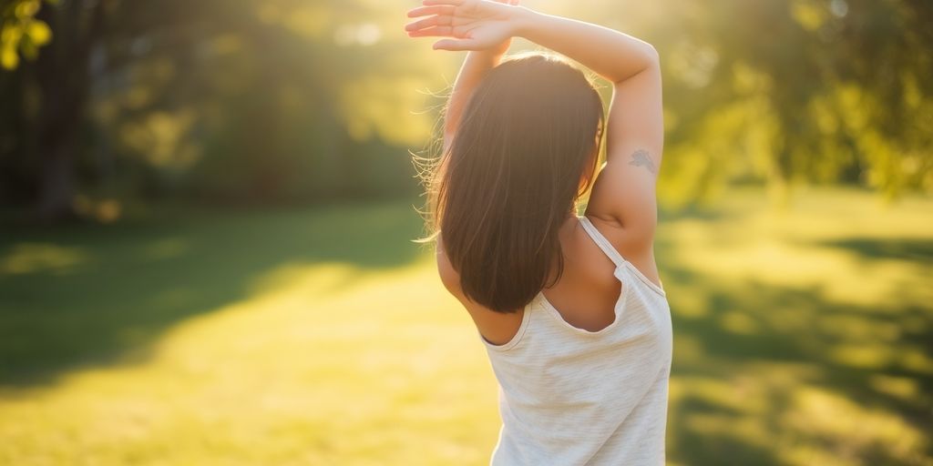 Person stretching outdoors with scenic background.