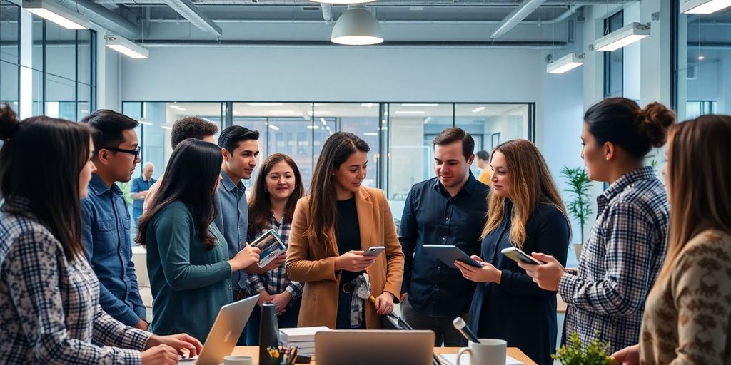 Diverse team collaborating in a modern workspace.