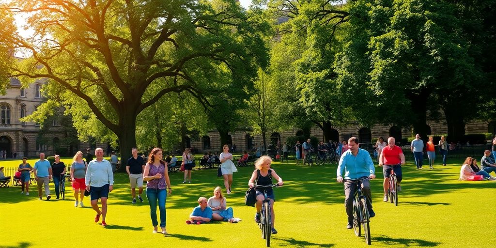 Green park, historic architecture, happy people, UK city.