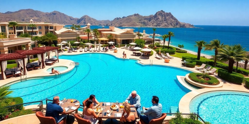 Lujoso resort de Cabo San Lucas con opciones de comida gourmet.