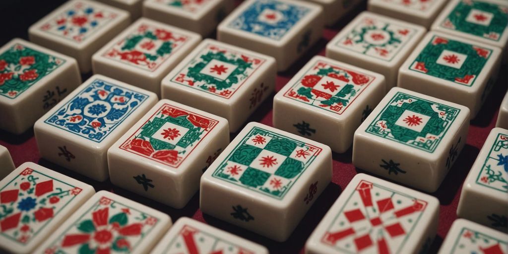 Close-up of rare Mahjong tiles with intricate patterns and vibrant colors, highlighting their unique designs and cultural significance.